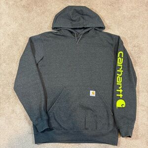 Carhartt Hoodie Mens Small Gray Pullover Neon Green Logo Sleeve Sweatshirt